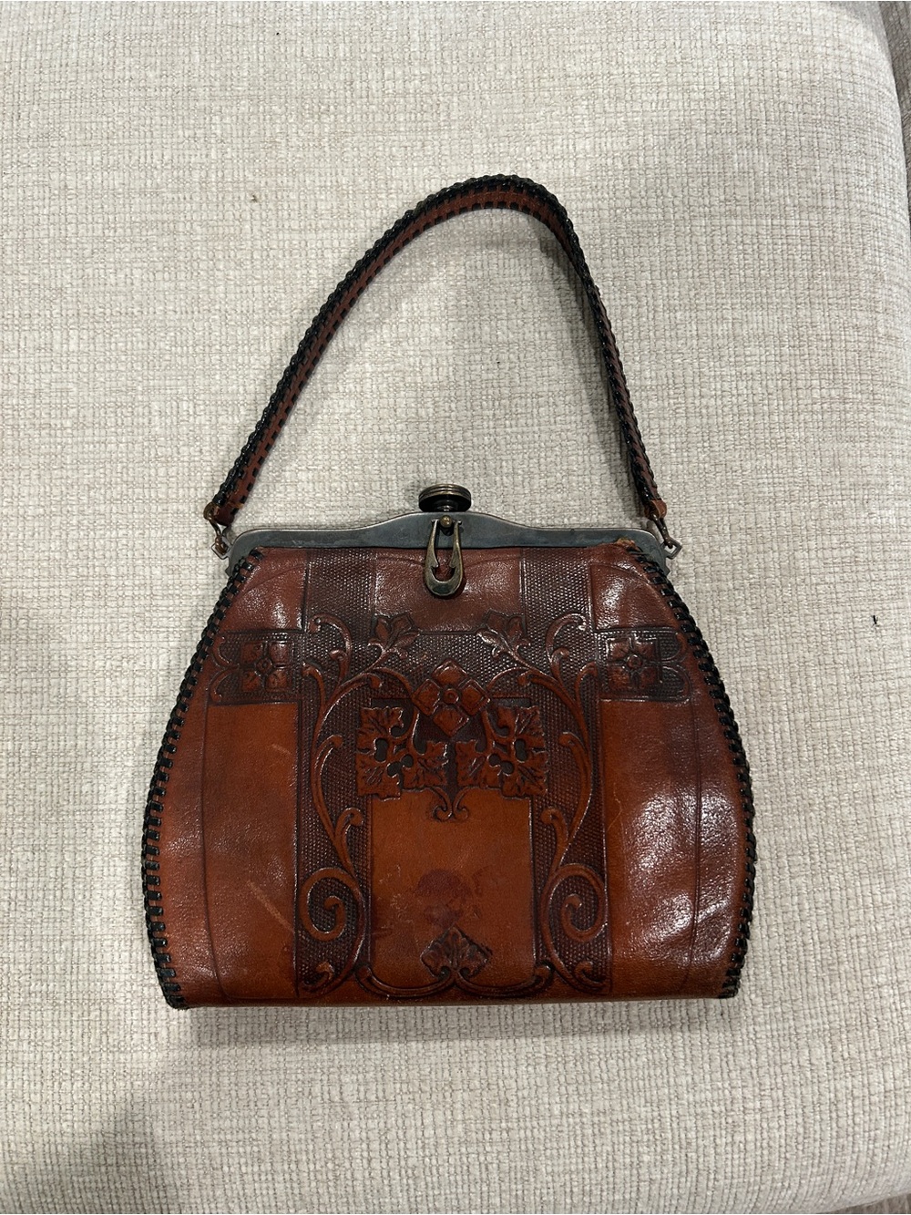 Antique 1920s Art Nouveau Hand Tooled Leather Handbag Purse